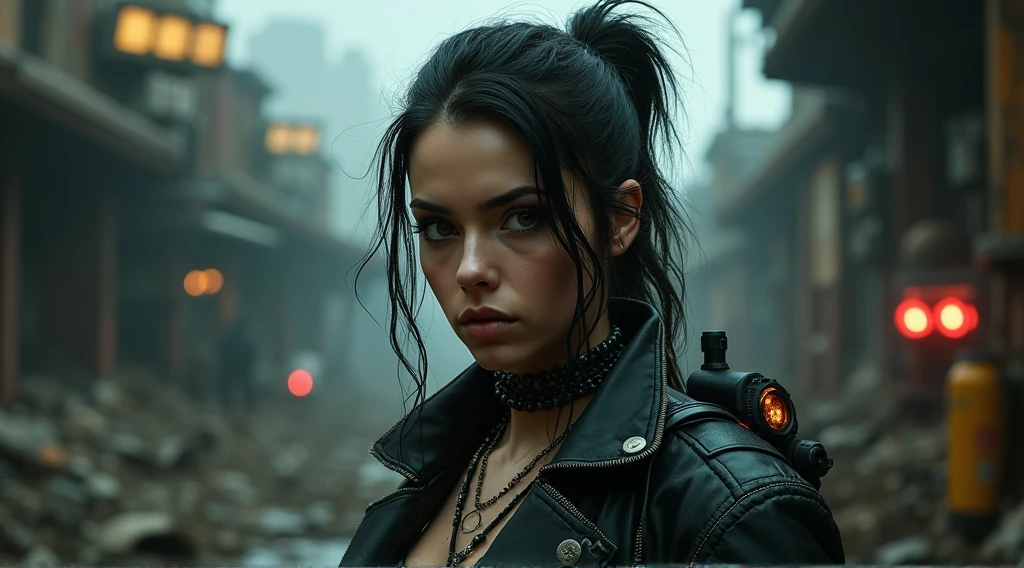 portrait 1 young woman ,science fiction, complex background  punk, mad max , futuristic, post-apocalyptic, dark, dim light, ((masterpiece, best quality, )),