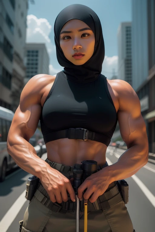 1 malay woman in hijab on an adrenaline-fueled contract killer mission, (sony alpha a7) (background bokeh), meticulously crafted, 8K UHD