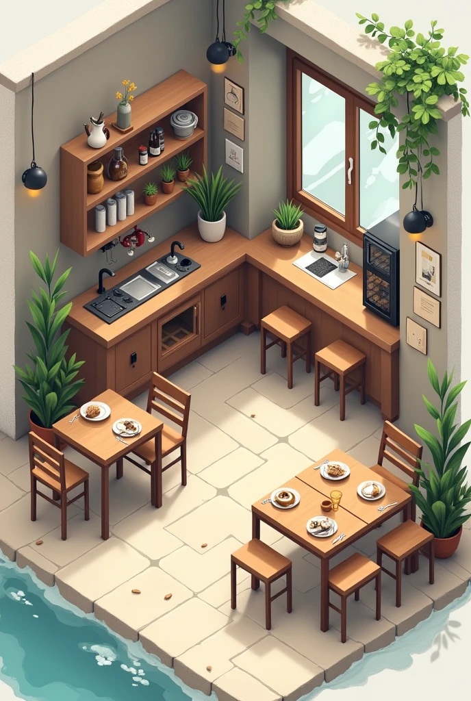 create a coffee shop floor plan with neutral colors, with a place to take pictures, small bathroom, tables to sit outside and inside, the kitchen is visible so customers can see how the food is prepared