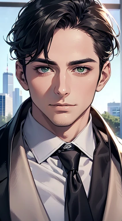 (Highest quality,4K,8K,High resolution,masterpiece:1.2),Super detailed,(Realistic,photoRealistic,photo-Realistic:1.37),1 person,35 years old,Mature Men,Beautiful skin、very handsome,Expressionless,Short gray Black hair,green eyes,Sharp Eyes,A perfect face without a doubt,Businessman, CEO, Office Background,Cinema Lighting,HDR image,tie、