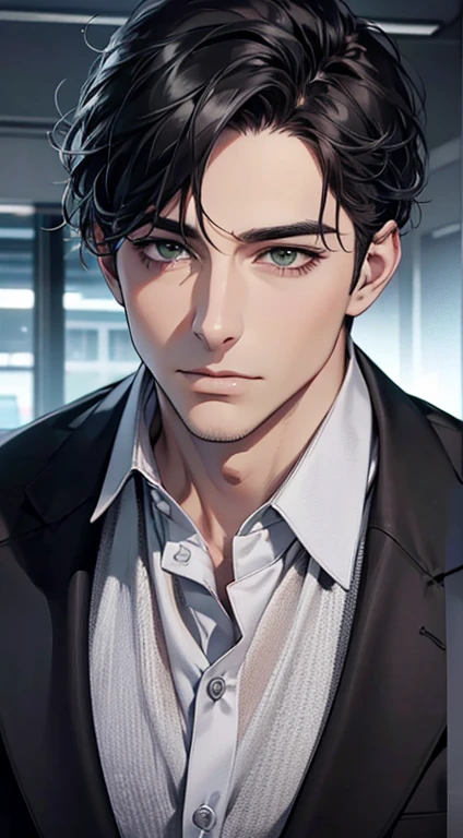 (Highest quality,4K,8K,High resolution,masterpiece:1.2),Super detailed,(Realistic,photoRealistic,photo-Realistic:1.37),1 person,35 years old,Mature Men,Beautiful skin、very handsome,Expressionless,Short gray Black hair,green eyes,Sharp Eyes,A perfect face without a doubt,Businessman, CEO, Office Background,Cinema Lighting,HDR image,tie、