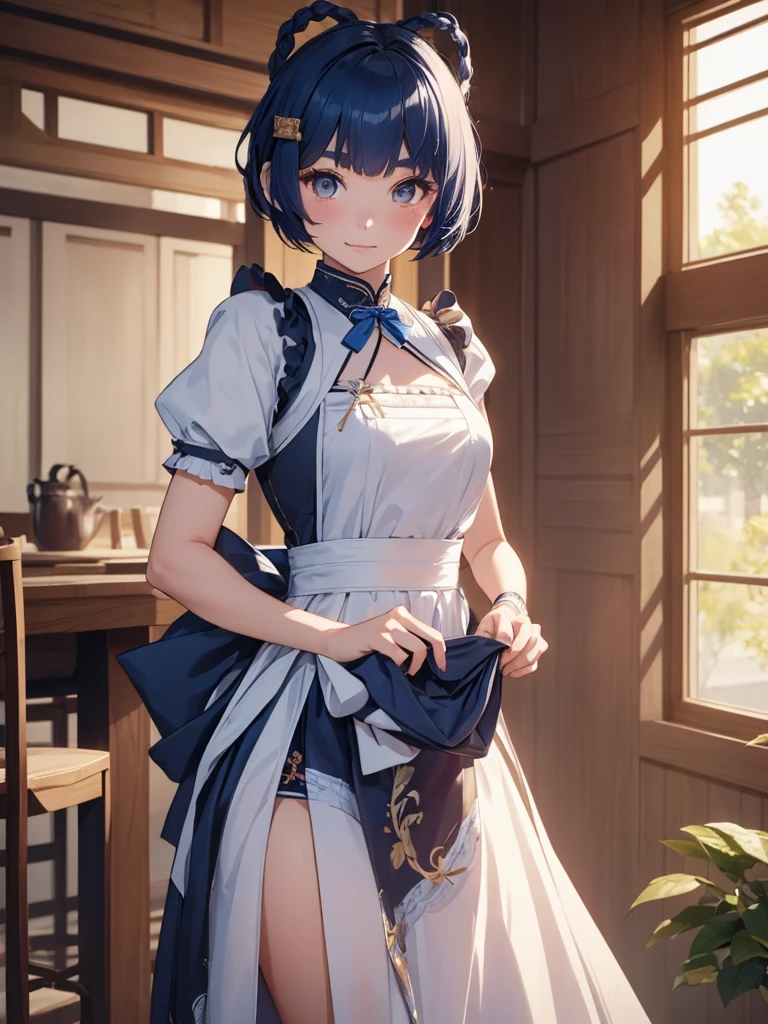 (Xiangling), 1girl, as a maid, wearing a maid outfit, at a house, (dark blue colour short hair),(Xiangling's hair style) 8k, high detailed, high quality