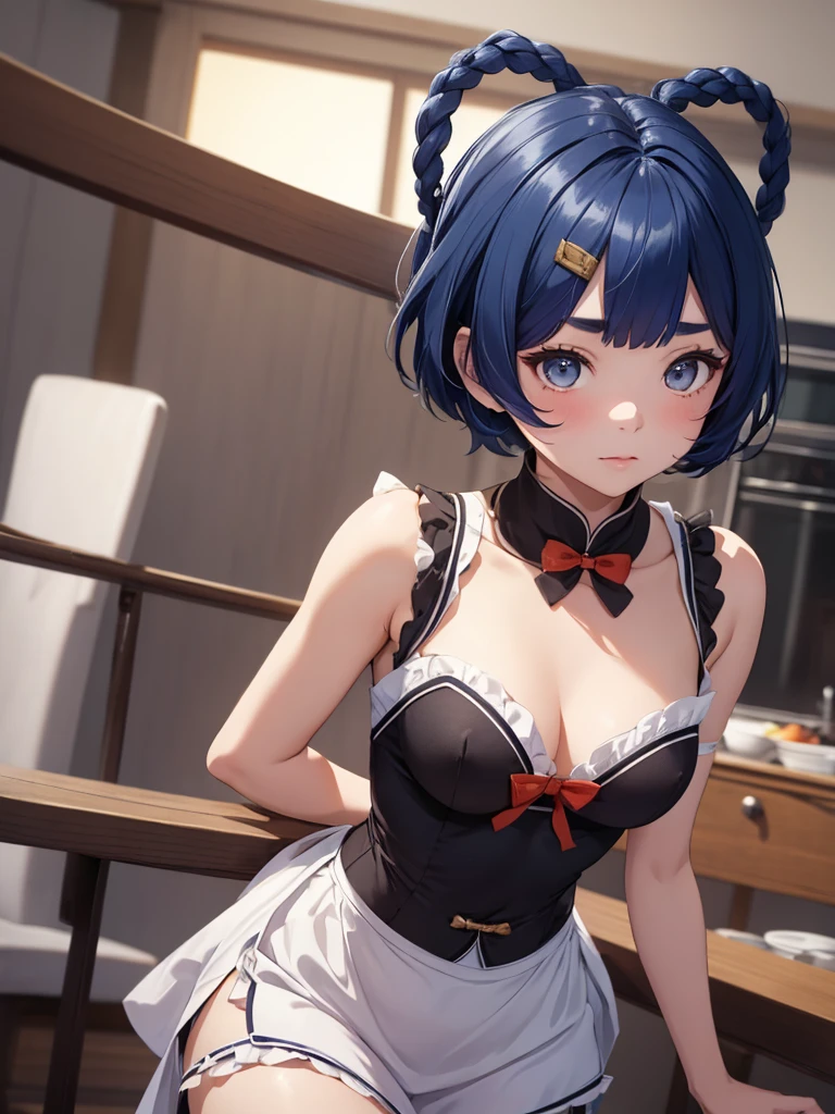 (Xiangling), 1girl, as a maid, wearing a maid outfit, at a house, (dark blue colour short hair),(Xiangling's hair style) 8k, high detailed, high quality