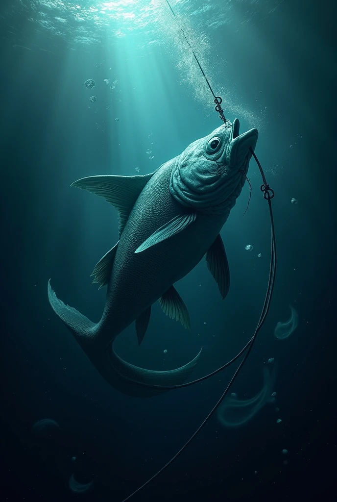 Fish with hook in deep ocean 

