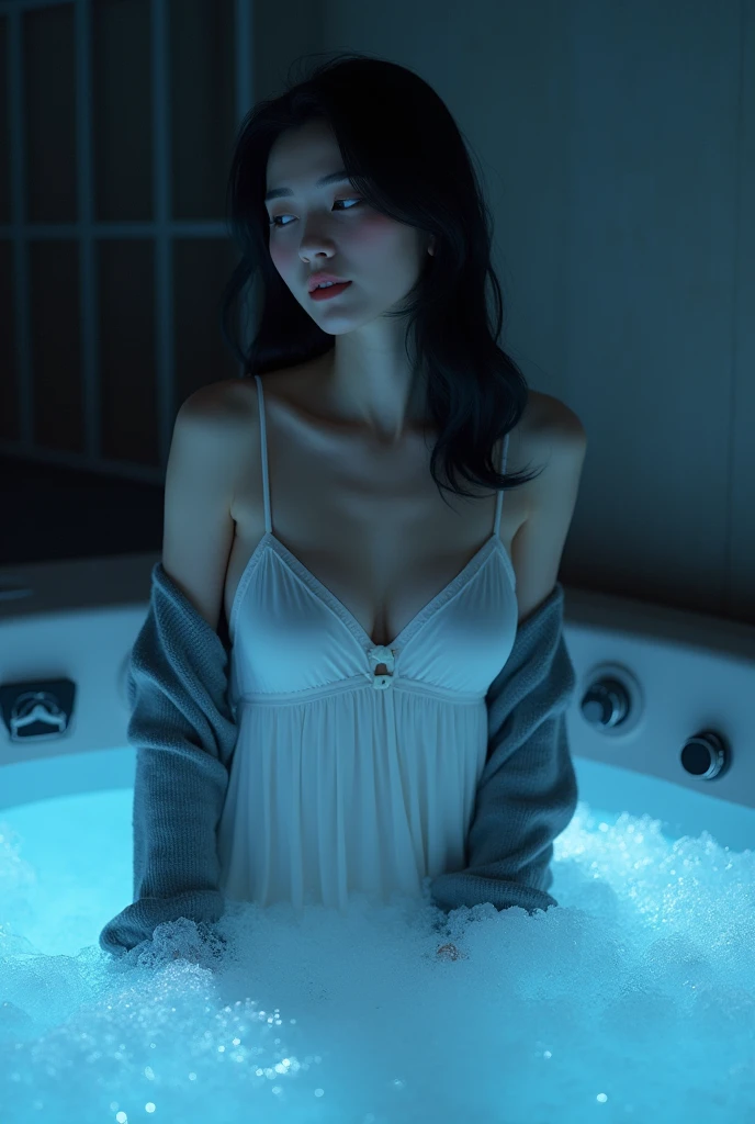 A Korean, only in a nightgown, half gray sweater, medium breasts, large thighs, Bblack hair, big-ass, standing, the night, in a jacuzzi, bubbling, blue lights, delicious, camisola lovely, Sweater only, she&#39;s not wearing anything but a lovely nightgown, delicious, she has a very sexy expression, perfeito, rosto sem maquiagem, rosto mais maduro, a camisola passa um pouco da cintura, ela está exibindo suas belas cochas