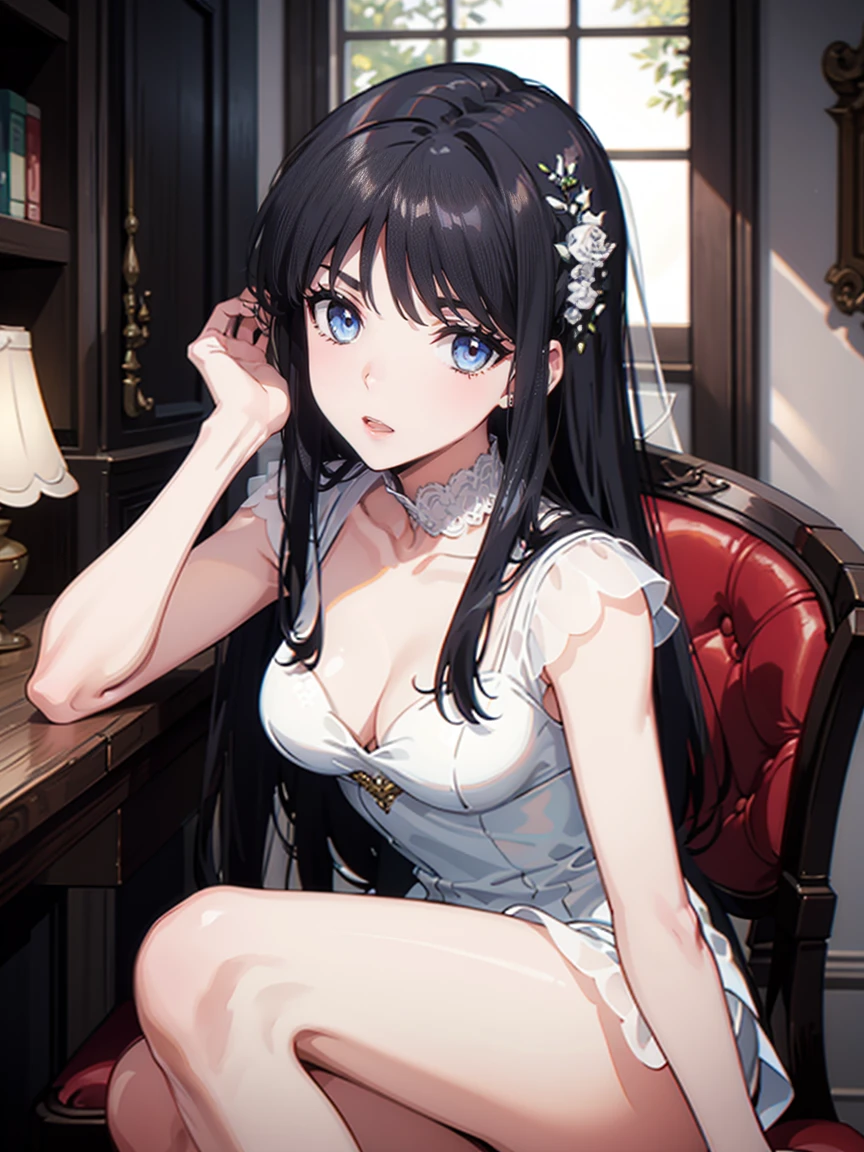 One Girl, (beautiful girl, Delicate:1.3), (:1.3),
break, (Bridal attire:1.3),
break, (Sitting in a chair:1.2),
break, Very beautiful eyes, (Symmetrical eyes:1.3),
break, Small breasts, Brown eyes, Parted bangs, Brown Hair, (Upper teeth, The best smile:0.2),
break, (Eye and facial details:1.0),
break, (masterpiece, Highest quality, Very detailed, Detailed face, 8k)
