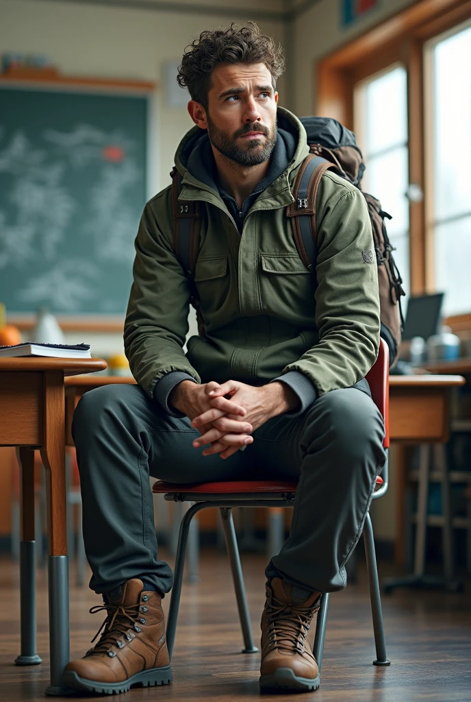 Teacher in classroom trekking outfit thinking about hiking in snow 