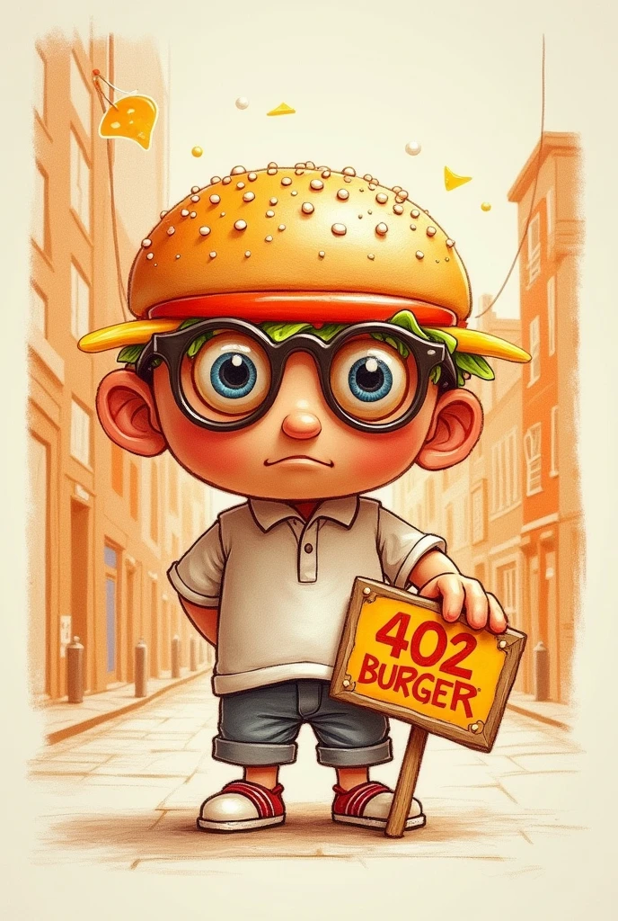 Design a doll with the ingredients of a hamburger, where the ingredients form his eyes, he has a polo shirt and holds a sign that says 402 BURGER, with urban style and orange color that is genderless that is a pencil drawing 