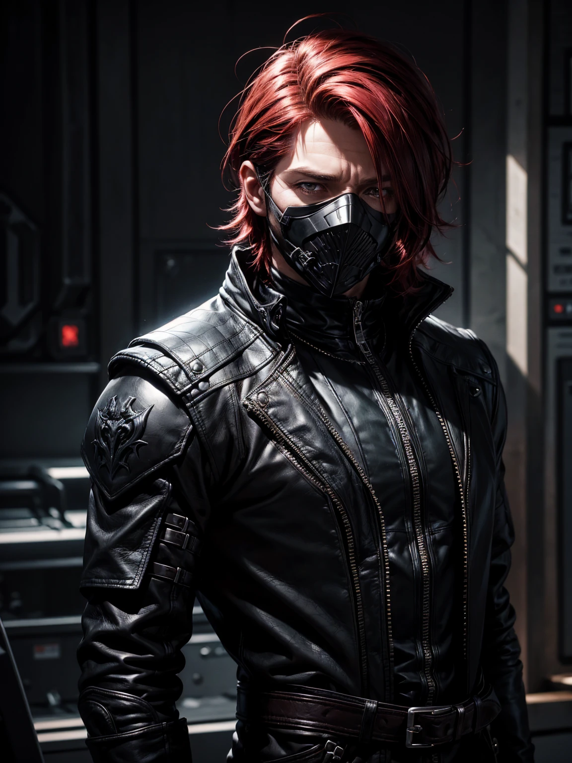 (Name: Hazel Shadowrim 40 Year-old Male), Using Black Mask that similar to Reptile His Redhair Cool Showing, Using Dark Cool Leather Outfit, With dark Laboratory Background, 