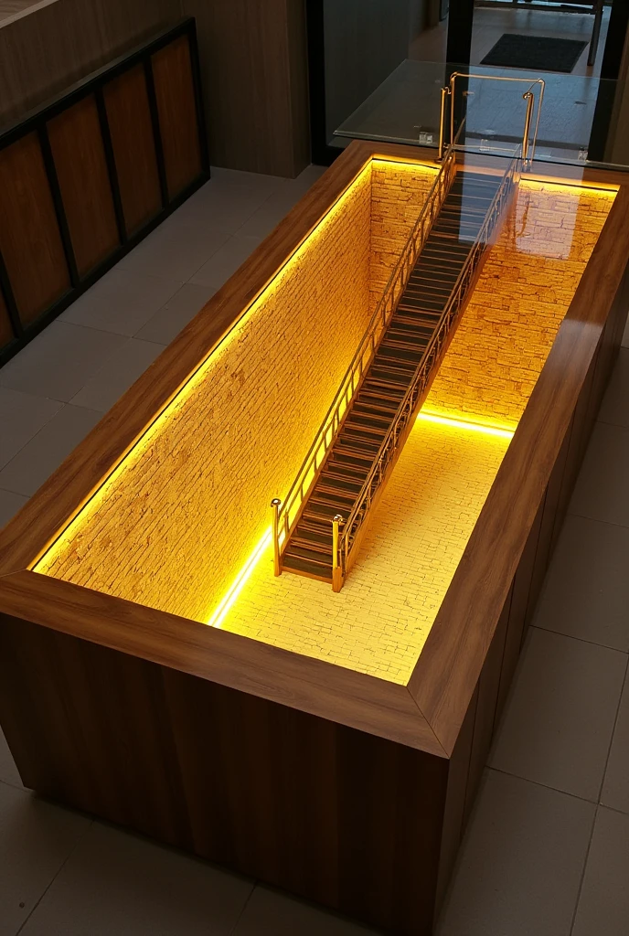 A rectangular table designed to give the feeling of a deep well, thanks to the reflective glass surface that creates a stunning visual effect resembling an endless tunnel.. Inside the well, the walls are covered with a raised wallpaper with a design that mimics industrial brick or a modern look, adding depth and extra detail.. Warm yellow LED interior lighting floods the well interior and highlights the details.. The decor includes a modern-looking staircase that extends into the well, adding an artistic and contemporary feel.. The table is mounted on a solid wooden base, which gives it strength and stability.