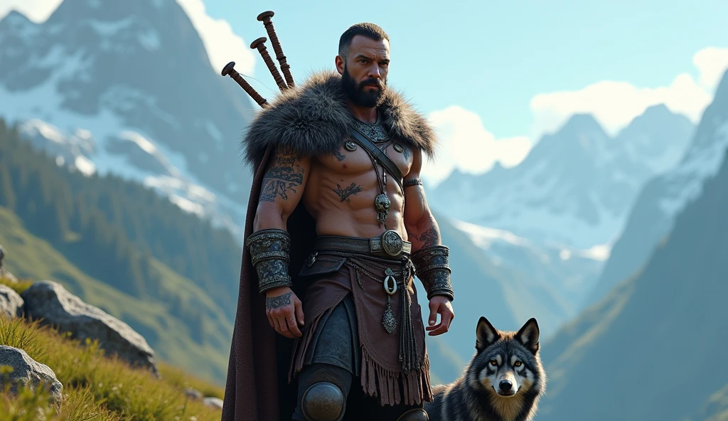 the best quality, very high resolution, detailed 4K CG, Masterpiece artwork, augur, Nordic Deuses, handsome man holding bagpipes plus a wolf, rune tattoos, viking, Celtic mountains, blue sky, Norse mythology, viking rune tattoo, beautiful aesthetic, Beautiful picture, There are beautiful mountains with green grass in the back