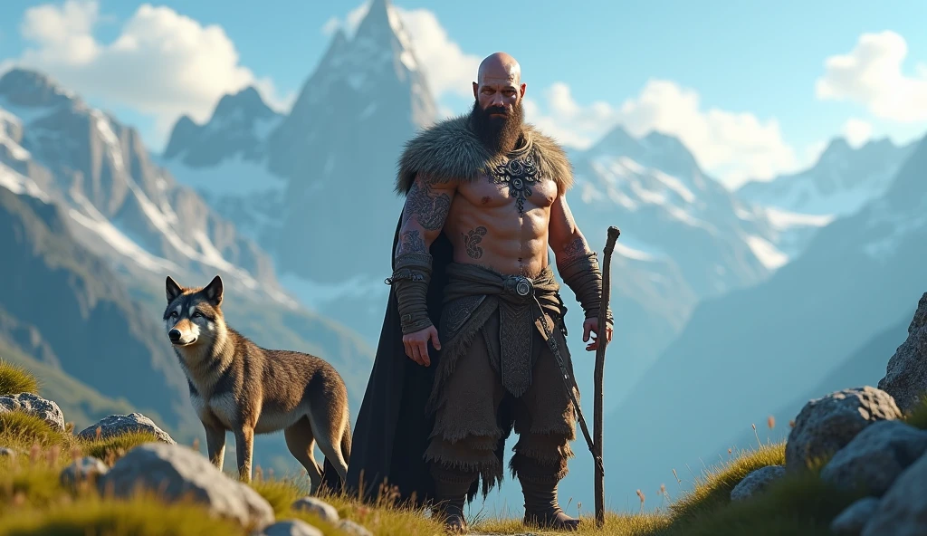 the best quality, very high resolution, detailed 4K CG, Masterpiece artwork, augur, Nordic Deuses, handsome man holding bagpipes plus a wolf, rune tattoos, viking, Celtic mountains, blue sky, Norse mythology, viking rune tattoo, beautiful aesthetic, Beautiful picture, There are beautiful mountains with green grass in the back