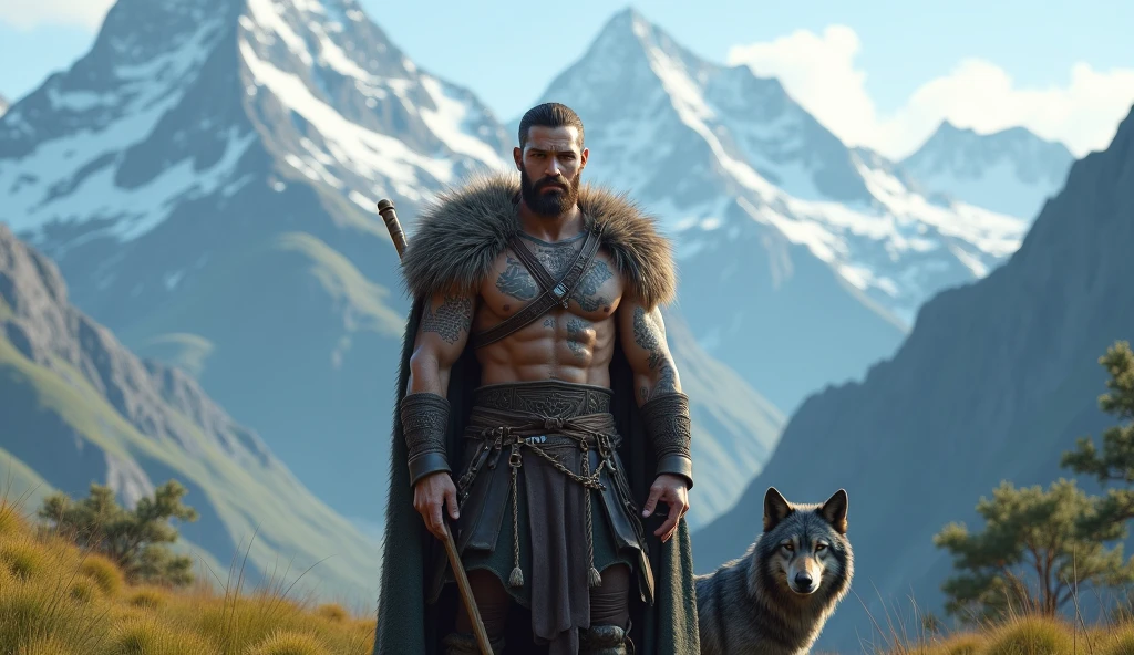 the best quality, very high resolution, detailed 4K CG, Masterpiece artwork, augur, Nordic Deuses, handsome man holding bagpipes plus a wolf, rune tattoos, viking, Celtic mountains, blue sky, Norse mythology, viking rune tattoo, beautiful aesthetic, Beautiful picture, There are beautiful mountains with green grass in the back