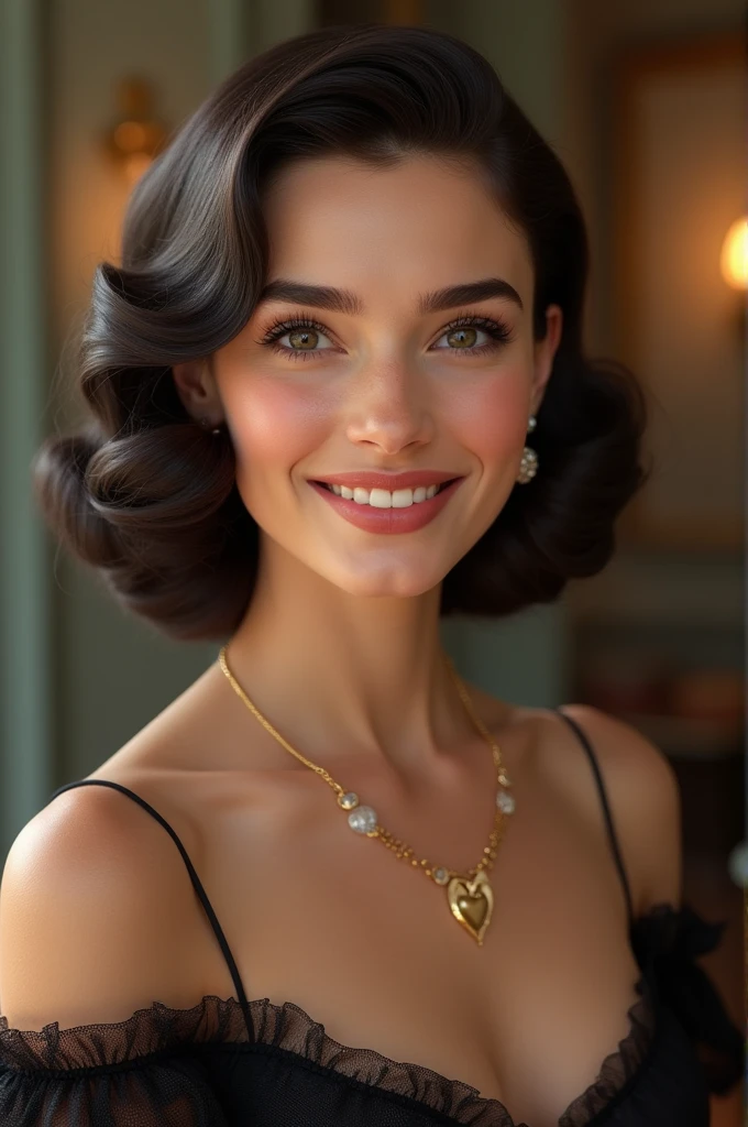 Belle femme brune, environ 20 ans, souriante.coiffee dans le style de l'année 1948
