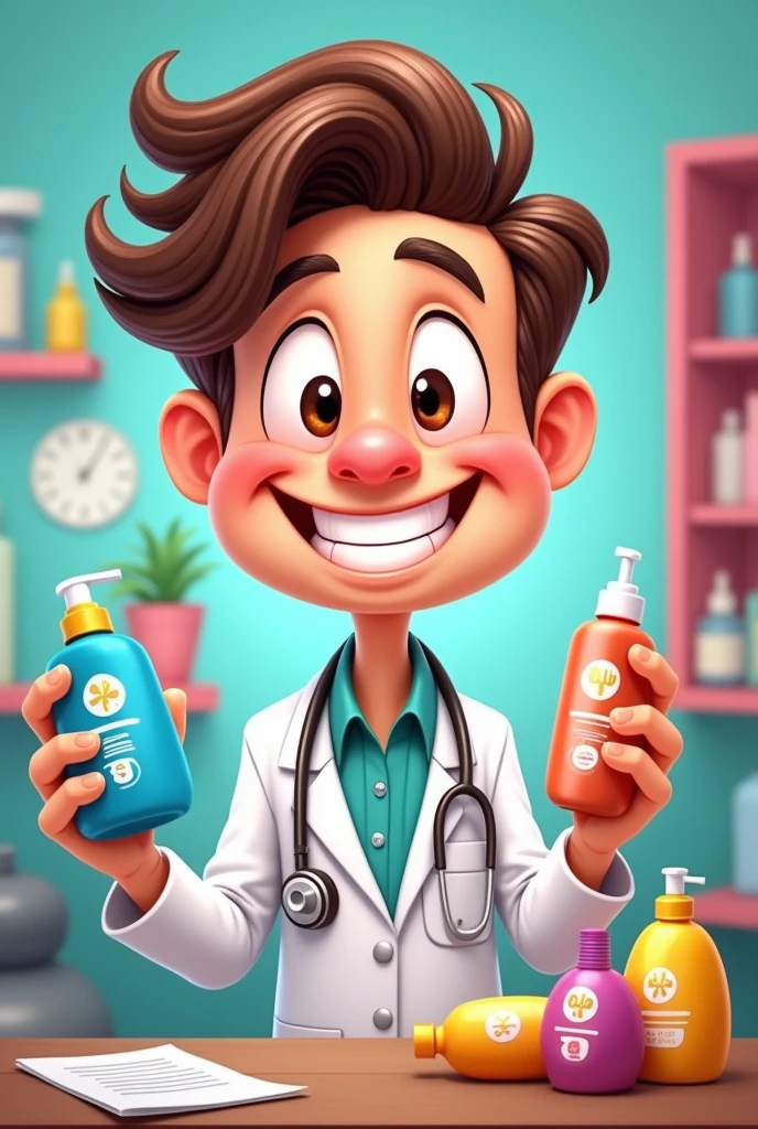 Cartoon style image Doctor showing hair products