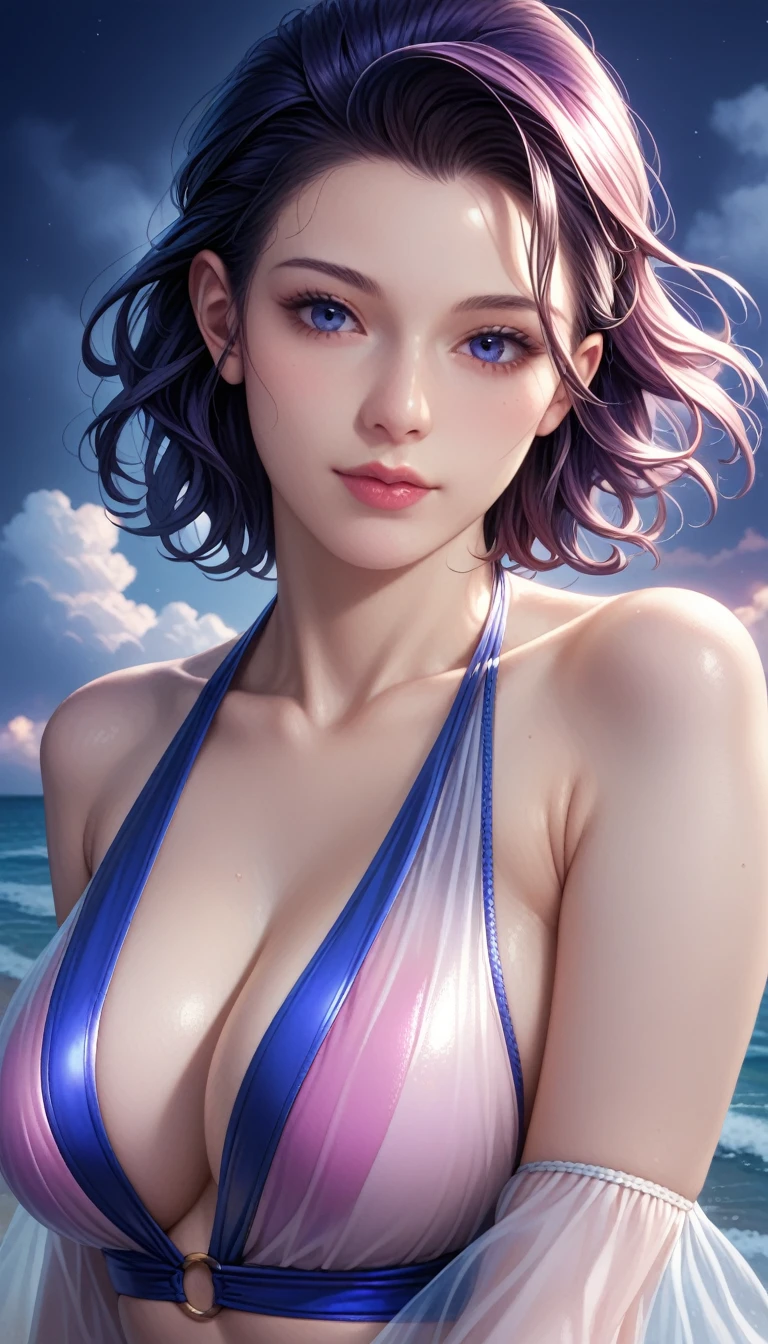 score_9, score_8_superior, score_7_superior, High resolution 3D anime style,A masterpiece in 32K resolution,Highest quality,it is really amazing,Very detailed,Ultra-high resolution,Ultra-realistic,Realistic,Increased depth of field,Cinematic lighting,
Elegant mature Japanese woman,
black straight medium hair,Ultra-detailed and beautiful face,Calm and gentle look,Translucent white skin,Realistic skin texture,Great proportions,
Elegant swimwear,
Summery design,Chic color scheme,Beautiful and delicate decoration,Detailed fabric texture,
Overcast night sky,Dark Clouds,Thundercloud,Coastline at night,Stormy seas,delay々A desolate sandy beach that continues,
High angle,