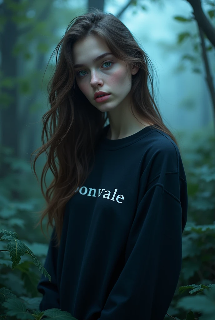 White girl with green eyes, brown hair and white skin, dressed in a black sweatshirt. This sweatshirt says "Moonvale" and the girl is in a blue-toned forest