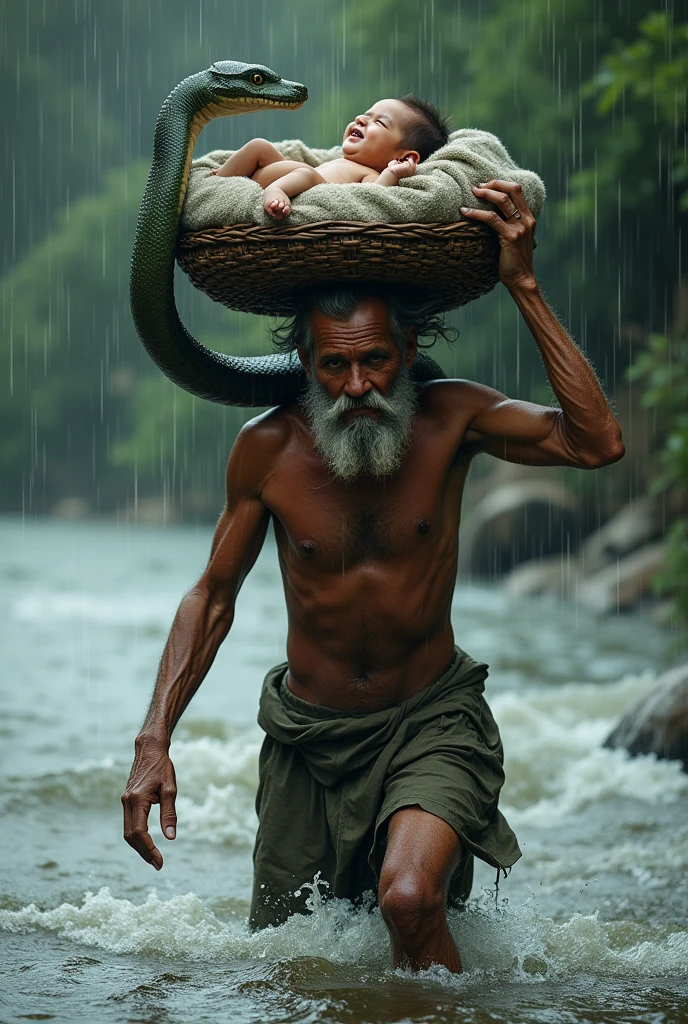 An old man who is bare body who has a basket on his head and a blue new born baby in that basket who is smiling. That child is very beautiful to see. The man is crossing a river and the water came up to his throat and it is raining very fast. A big snake to save the baby from that rain and standing spreading its hood over him