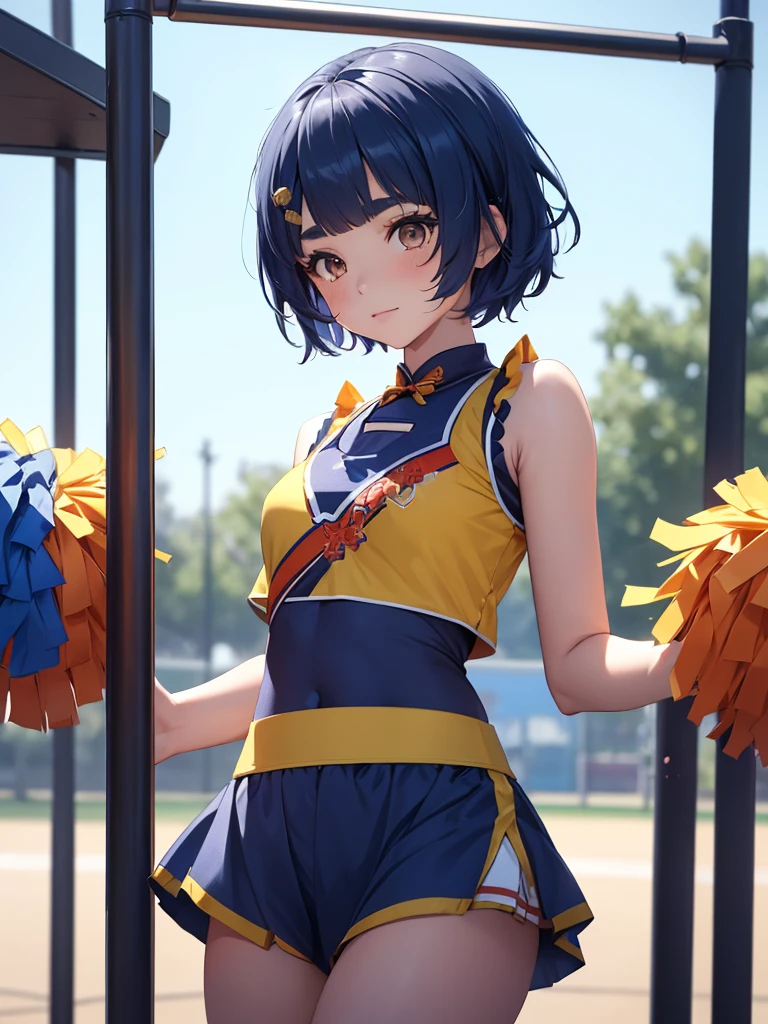 (Xiangling), 1girl, as a cheerleader, wearing a cheerleader outfit, at a playground, (dark blue colour short hair),(Xiangling's hair style) 8k, high detailed, high quality