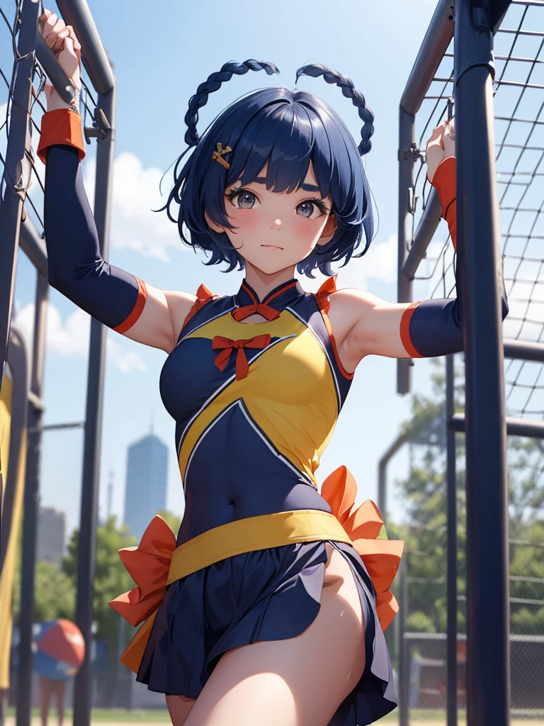 (Xiangling), 1girl, as a cheerleader, wearing a cheerleader outfit, at a playground, (dark blue colour short hair),(Xiangling's hair style) 8k, high detailed, high quality