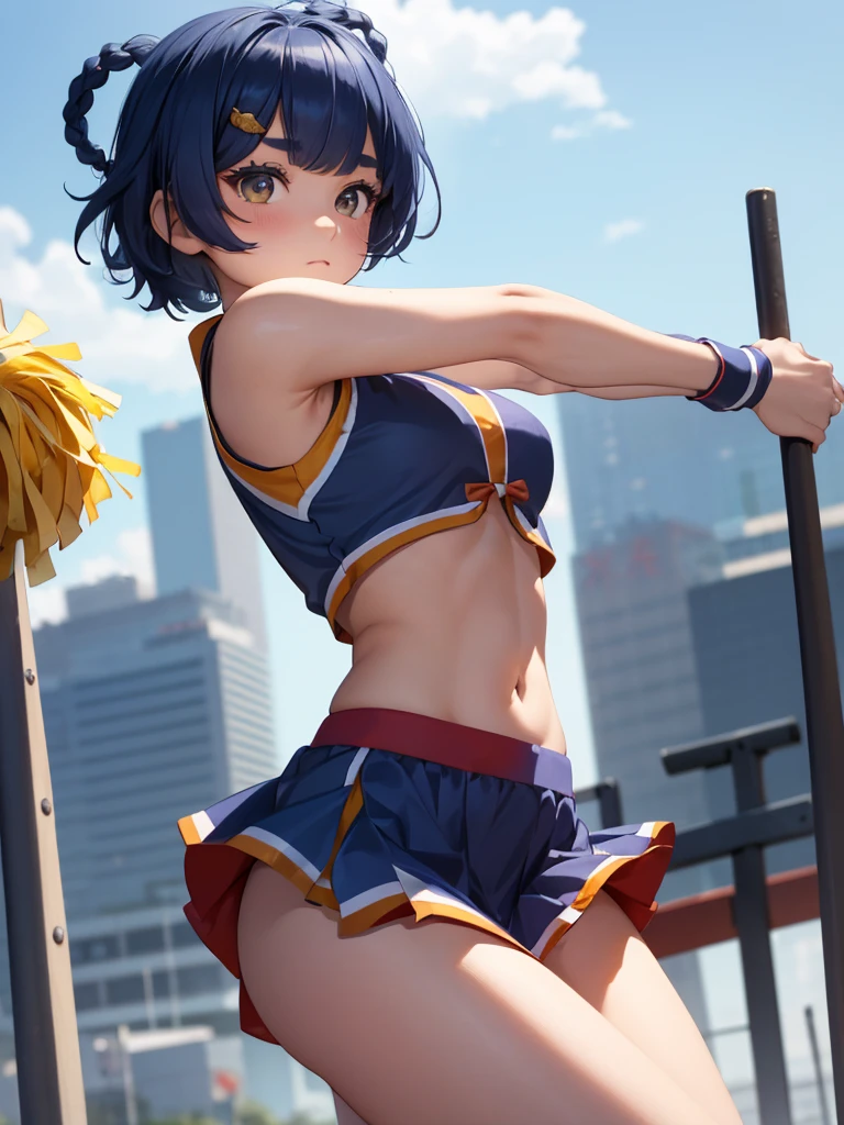 (Xiangling), 1girl, as a cheerleader, wearing a cheerleader outfit, at a playground, (dark blue colour short hair),(Xiangling's hair style) 8k, high detailed, high quality