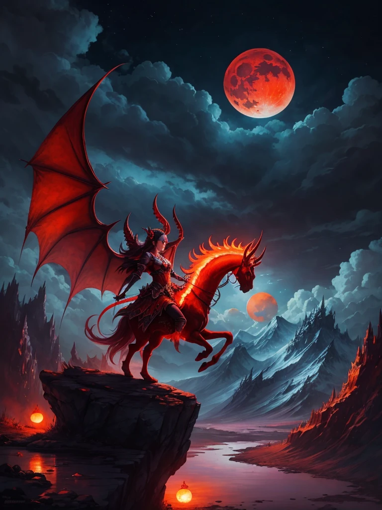 demon princess, red wings, with graceful pose on the mountain, with orange moon and clouds, night concept, made in water color style, hd quality