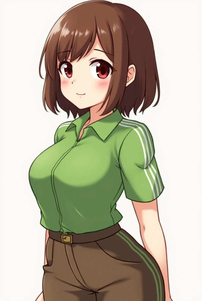 ((best quality)), ((masterpiece)), (detailed), Undertale Chara, brown hair, (brown shorts: 1.3), bob cut, short hair, black panthause, (green shirt: 1.3), red eyes, (1girl: 1.3), (solo: 1.3), stripes,  tetas con una altura de 2 y 1.0 centimeters y un grosor de 1.0 centimeters hentai