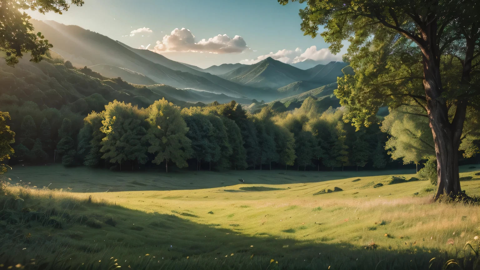 detailed lush green meadow, beautiful green trees, stunning green mountains, golden hour lighting, cinematic, photorealistic, 8k, highly detailed, masterpiece, (best quality,4k,8k,highres,masterpiece:1.2),ultra-detailed,(realistic,photorealistic,photo-realistic:1.37),vibrant colors,dramatic lighting,scenic landscape,