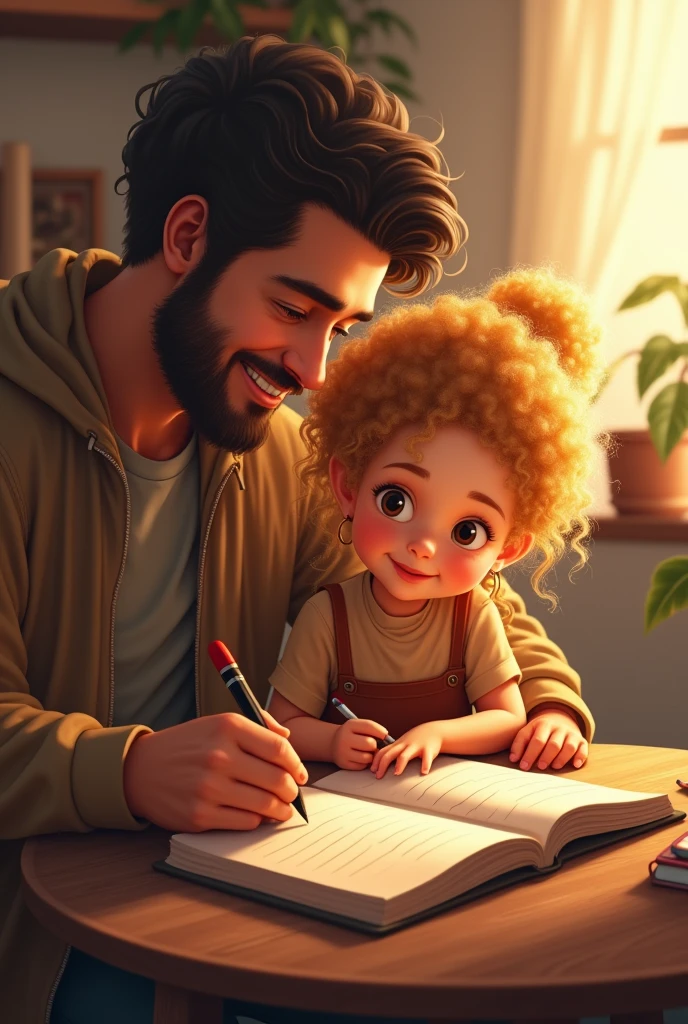 30-year-old dad teaches Galician daughter with golden curly hair how to write