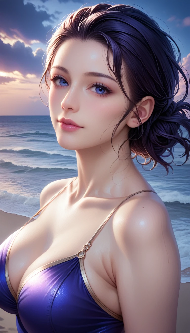 score_9, score_8_superior, score_7_superior, High resolution 3D anime style,A masterpiece in 32K resolution,Highest quality,it is really amazing,Very detailed,Ultra-high resolution,Ultra-realistic,Realistic,Increased depth of field,Cinematic lighting,
Elegant mature Japanese woman,
black straight medium hair,Ultra-detailed and beautiful face,Calm and gentle look,Translucent white skin,Realistic skin texture,Great proportions,
Elegant swimwear,
Summery design,Chic color scheme,Beautiful and delicate decoration,Detailed fabric texture,
Overcast night sky,Dark Clouds,Thundercloud,Coastline at night,Stormy seas,delay々A desolate sandy beach that continues,
High angle,