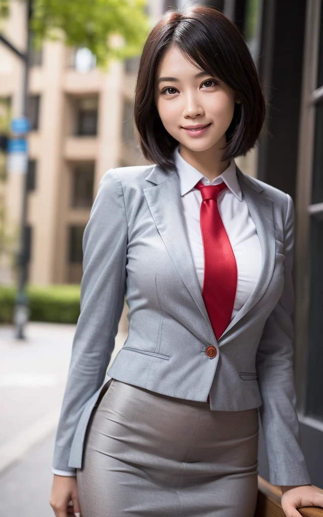 girl, Hyper Realistic, masterpiece, smile, portrait, bobhair, light gray pencil skirt suit, white shirt, red necktie, pantyhose