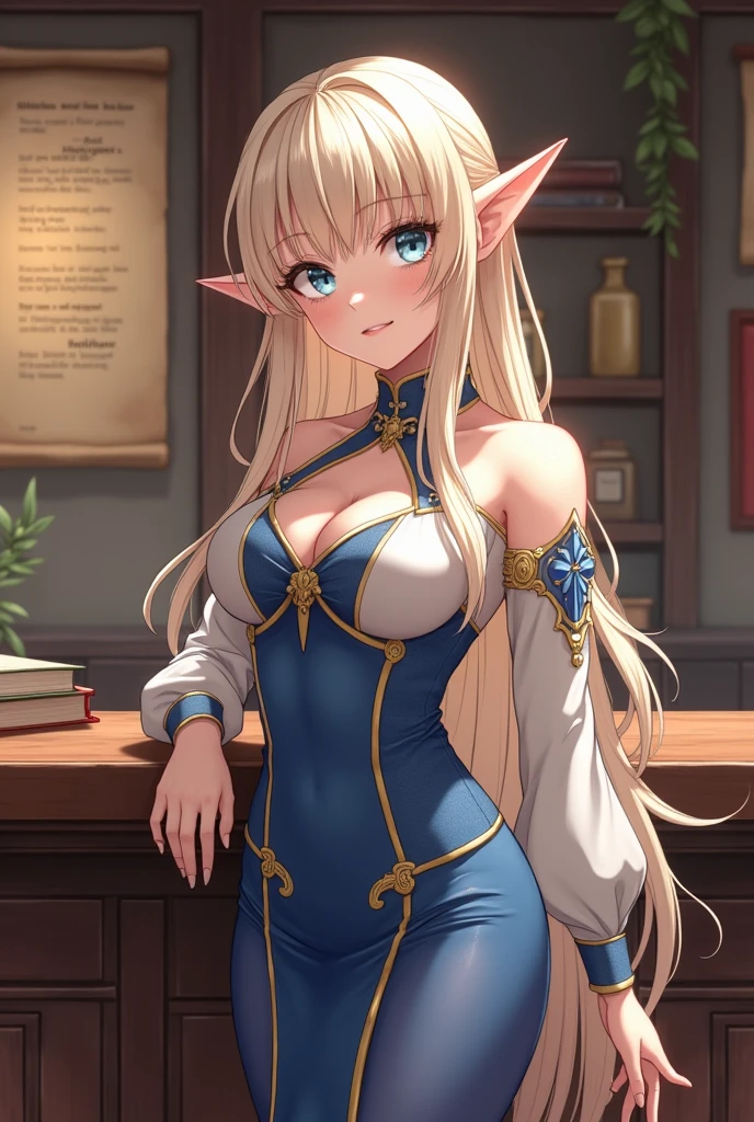 In an anime-style medieval fantasy guild, a stunningly beautiful elf girl stands behind the reception desk, radiating an ethereal grace. Her long, silky platinum blonde hair cascades down her back, framing a flawless face with striking, sapphire-blue eyes that sparkle with warmth and intelligence. Her figure is slender yet curvaceous, perfectly accentuated by a form-fitting, elegant guild uniform adorned with subtle embroidery. She greets adventurers with a gentle smile and a melodious voice, her pointed ears twitching slightly as she listens attentively to each request. The polished wooden desk and shelves filled with scrolls and quest notices form a backdrop that highlights her enchanting presence, making her a captivating centerpiece in the bustling guild hall.
