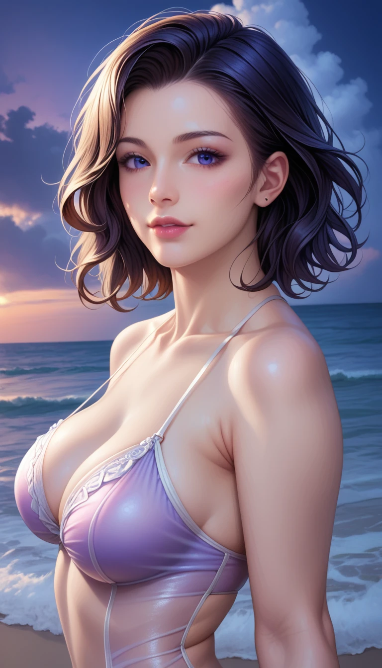 score_9, score_8_superior, score_7_superior, High resolution 3D anime style,A masterpiece in 32K resolution,Highest quality,it is really amazing,Very detailed,Ultra-high resolution,Ultra-realistic,Realistic,Increased depth of field,Cinematic lighting,
Elegant mature Japanese woman,
black straight medium hair,Ultra-detailed and beautiful face,Calm and gentle look,Translucent white skin,Realistic skin texture,Great proportions,
Elegant swimwear,
Summery design,Chic color scheme,Beautiful and delicate decoration,Detailed fabric texture,
Overcast night sky,Dark Clouds,Thundercloud,Coastline at night,Stormy seas,delay々A desolate sandy beach that continues,
High angle,