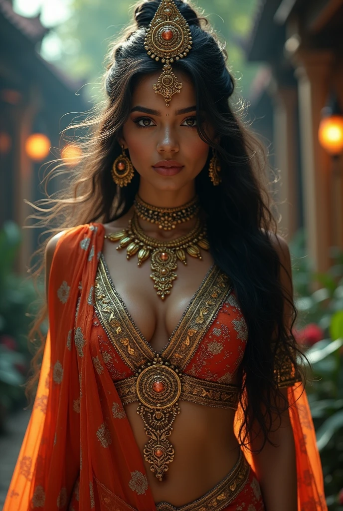 a beautiful indian goddess, slim figure, intricate ornate costuming, long flowing hair, provocative pose, deep cleavage, extra large boobs,extremely detailed, hyperrealistic, photorealistic, 8k, cinematic lighting, dramatic colors, hindu aesthetic, stunning beauty, masterpiece