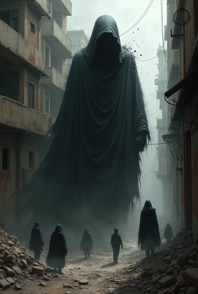 Give me an image that represents hate, War, poverty, dishonesty, distrust, disorganization,ugliness