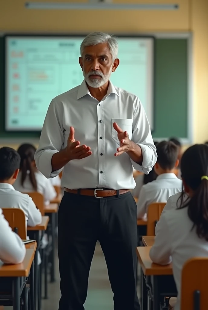 A male Indian school teacher teaching practical seating wear black pants similar teacher in another poses