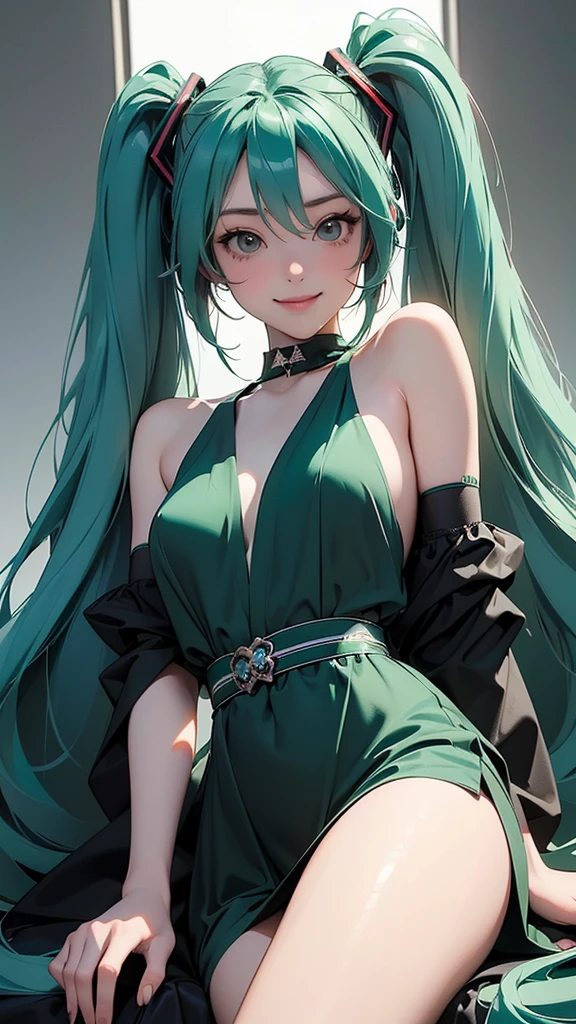 One Girl(High resolution, masterpiece, accurate, Anatomically correct), ((Hatsune Miku、Emerald Green Hair Color、Black dress))、(smile、Mouth slightly open、slouch)、((Long legs))((Model at a photoshoot in the park))((Small waist))Highest quality, Ultra high definition, High-resolution model, 