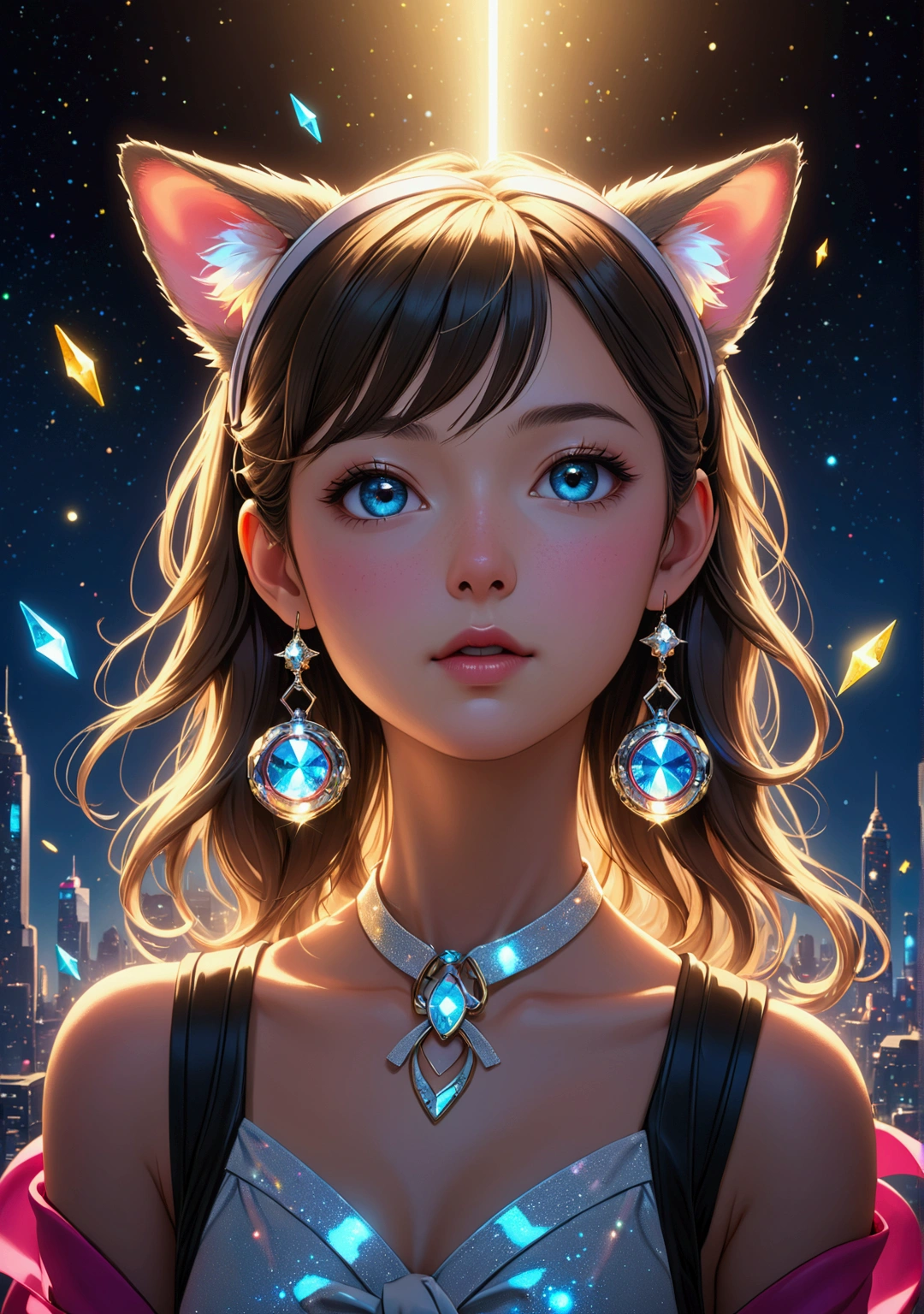 コアラHigh resolution, Sparkle Effect, earphone, High resolution, masterpiece, accurate, Anatomically correct, 最高quality, Winner of numerous awards, High-resolution model, 高いdetail, detail, quality, 高quality, Textured skin, Ultra high definition, Very detailed, クリスタルEarrings, Earrings, Animal ears, look up, Overlooking, Wide-angle shot, ribbon, Sparkle Effect, Backlight, far and near method, fluorescence, reflected light, Godley, movieの光効果, movie, movie撮影, Futuristic, Super detailed, Super detailedな, Reality, Portrait Photography, realism, ribbonヘアアクセサリー, 