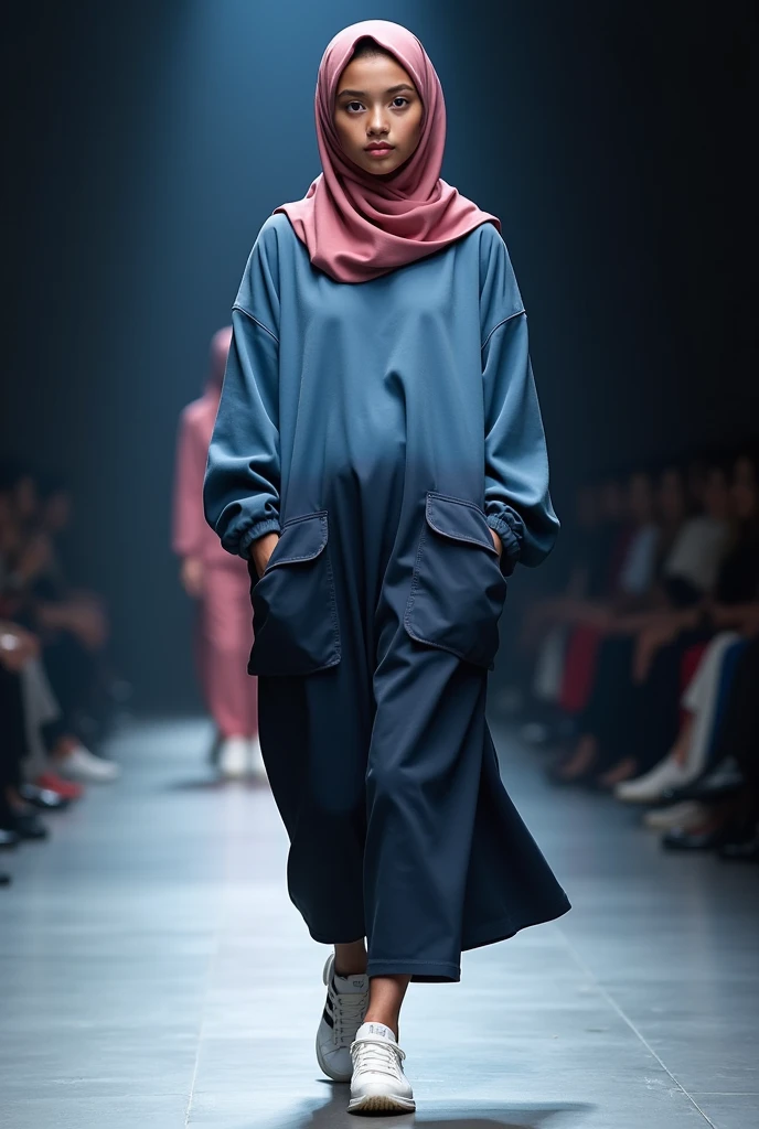 Girl walking on the catwalk , stylish cotton clothing for muslim women, the color of the clothes is blue, turning into black, with big pockets , the silhouette does not fit the figure , the clothes are very loose and closed , The girl has a pink scarf on her head and Adidas sneakers on her feet