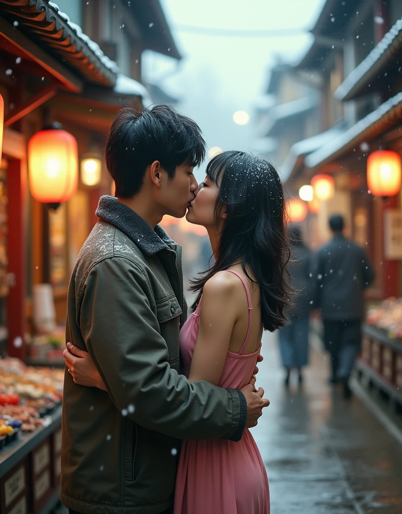 A Couple, (dramatic shot:1.3), (best quality photo:1.5), 1girl and 1man, a japanese man and women, I am 35y (a man in winter shirt:1.3) with short black hair, I meet my sweet and chubby girlfriend in kyoto traditional market, (carrying pose:1.4), (giving a hug:1.3), (real kissing:1.4), (spoiled:1.3), she has messy mid long bang hair, (a girl in pink slip dress:1.3), (snowing:1.2), (dramatic moment:1.3), real object, (120 film looks:1.3), (ambient lighting:1.3), late afternoon, real skin, detailed face and eyes, (very highly detailed:1.3), (surreal view:1.5), (sharp focus:1.3), shot by mamiya with wide lens, (dynamic wide angle:1.2), perfect composition, (centered object:1.2)