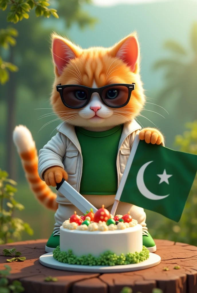A cat is cutting a cake with a knife with a natural background in Pakistan They are holding a flag in celebration of August 14 of Pakistan. The cat is wearing a green t-shirt, a white jacket, white pants, green shoes and sunglasses HD Picture