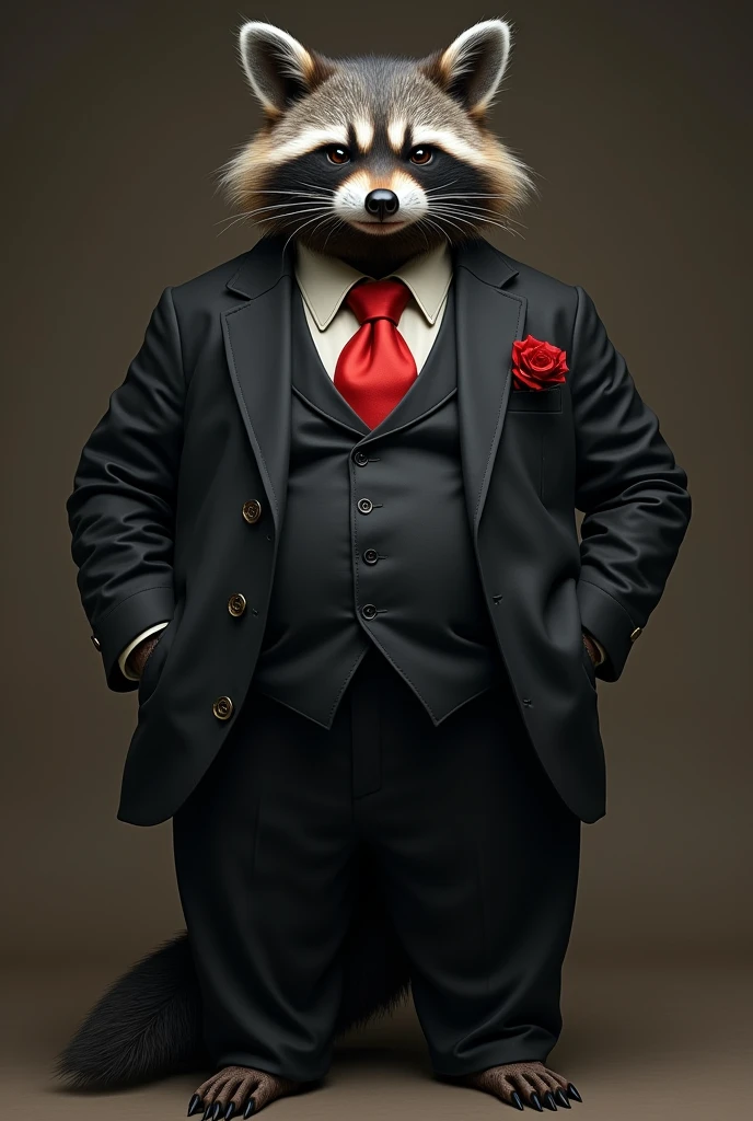 An older-looking male, tall, grey-furred raccoon anthro with sunken eyes and a pot belly donning a fancy black suit with a red tie
