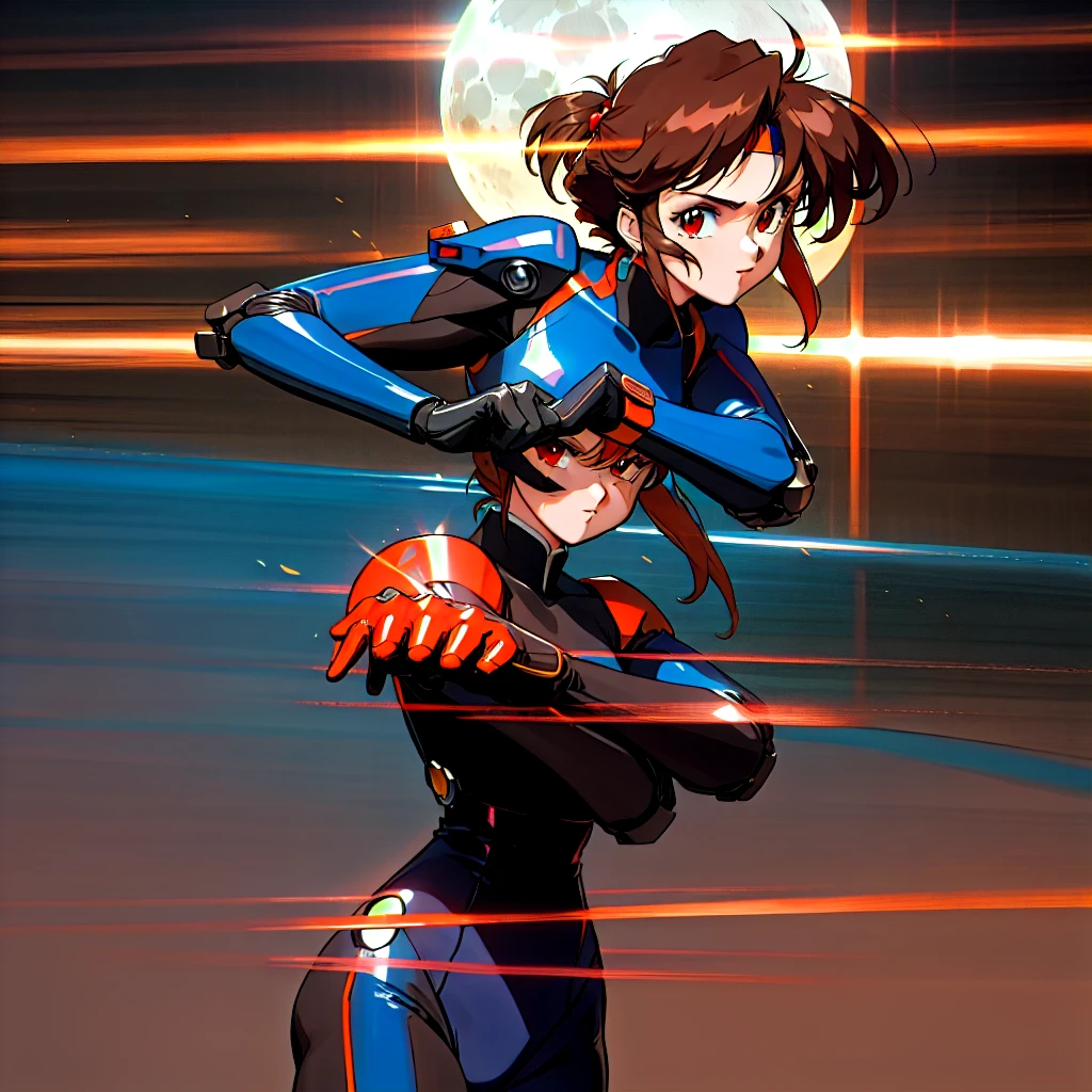 Kenichi Sonoda, retro art-style, 90s Japanese Anime Style, "bubblegum crisis", Sci-fi, Cyberpunk, Neon, Dystopia, (This story is set in the near future of Mega Tokyo in 2032 and depicts the exploits of beautiful young girls who are Knight Sabers, shadow executioners. At midnight, on the spire of a particularly tall skyscraper, a person wearing a metal hard suit that covers the entire body from head to toe can be seen standing stylishly against the backdrop of the full moon. The shadow that stands out against the backlight of the moon is made of smooth curves, creating a feminine body line.), The main character, "Priss", 1girl, solo, 20yo, anime beauty, Cool beauty, Unparalleled beauty, Brown medium length hair, red eyes, dark blue metal hard suit with orange lines, Mecha based on Syd Mead-style industrial design, fearless look, smile, fighting stance, (attack, punching at viewer), close-up photography of upper body, Depth of field, character focus, (masterpiece, anime cg, official art, work of art, Award-winning work, extreme quality, ultra high definition, all intricate, overall detailed, finely detailed, super detailed, very aesthetic, boast pompously, focus on entire screen, asymmetrical, raytraced, caustics, textile shading, incredibly absurd resolution, absolutely resolution, ultra high resolution, professional, vivid colors, perfect anatomy, ideal facial features, beautiful detailed face, ideally proportioned figure, perfectly beautiful body),
