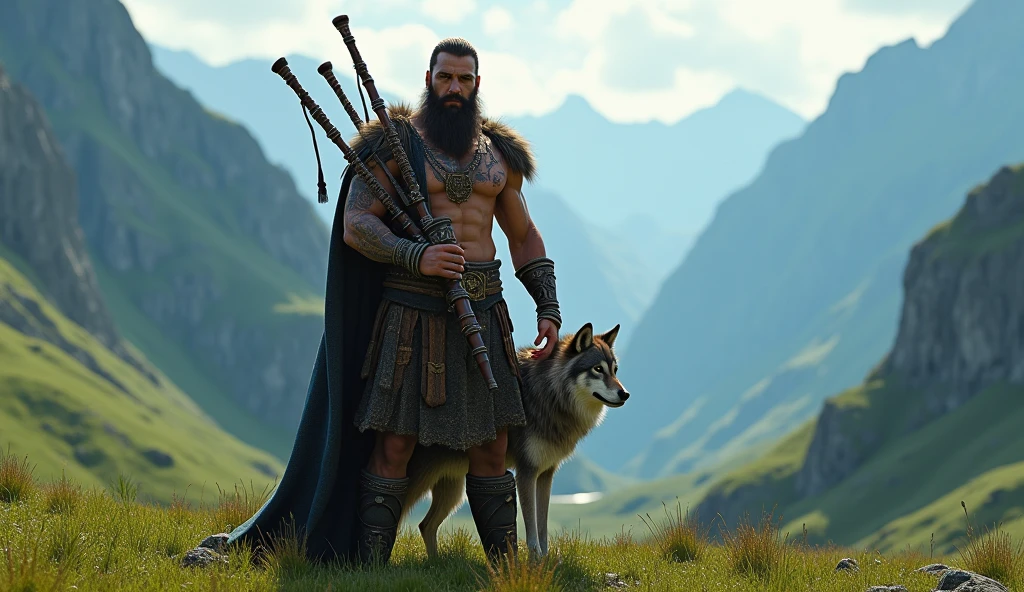 the best quality, very high resolution, detailed 4K CG, Masterpiece artwork, augur, Nordic Deuses, handsome man holding bagpipes plus a wolf, rune tattoos, viking, Celtic mountains, blue sky, Norse mythology, viking rune tattoo, beautiful aesthetic, Beautiful picture, There are beautiful mountains with green grass in the back