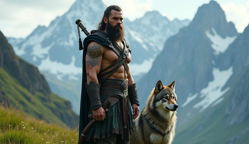 the best quality, very high resolution, detailed 4K CG, Masterpiece artwork, augur, Nordic Deuses, handsome man holding bagpipes plus a wolf, rune tattoos, viking, Celtic mountains, blue sky, Norse mythology, viking rune tattoo, beautiful aesthetic, Beautiful picture, There are beautiful mountains with green grass in the back