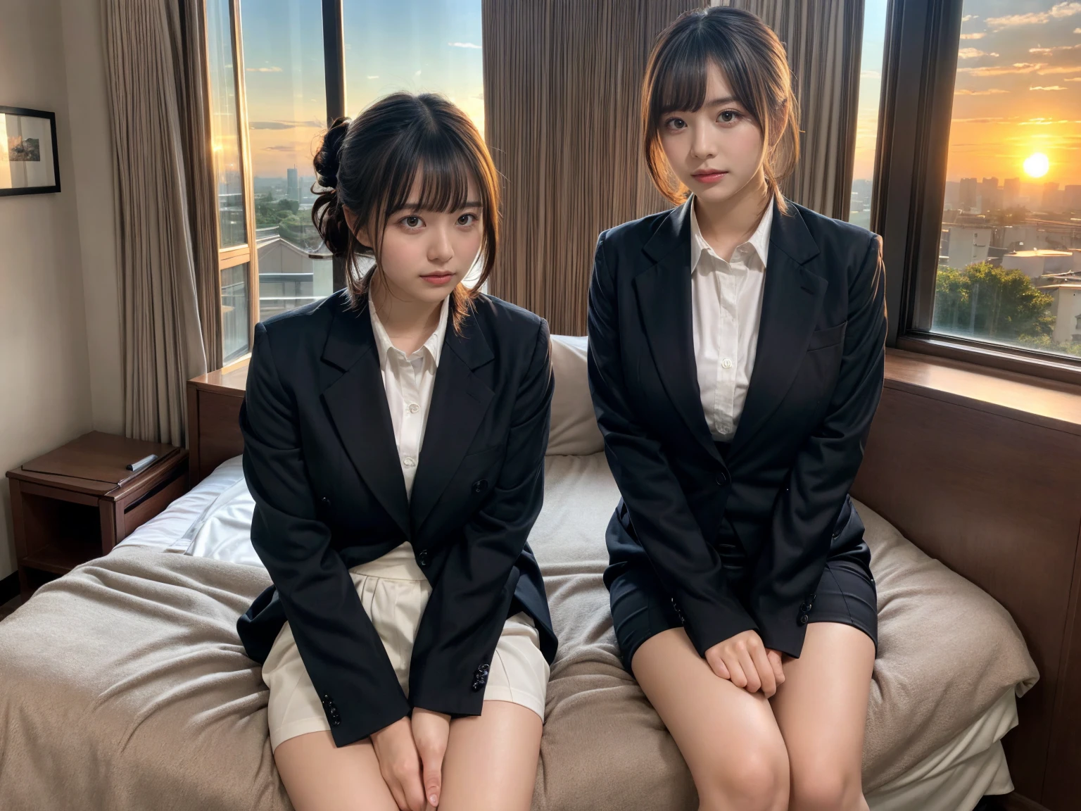 masterpiece, best quality, illustration, Super detailed, fine details, High resolution, 8K,wall paper, perfect dynamic composition,(Details High quality, realistic depiction of eyes:1.3), (2 girls), short hair, Office Lady, ,Suit,Collared shirt, Black Suit,Black jacket, updo, huge breasts,  black hair color, Big Natural Color Lip, bold sexy pose, crying a little、cold gaze, Harajuku style、20 year old girl、cute type、lolita、beautiful legs, hotel room, full body photo、focus on crotch, hposing Gravure Idol, Sexy shot looking at camera, Sunset, by the window, Summer, make up, Curve