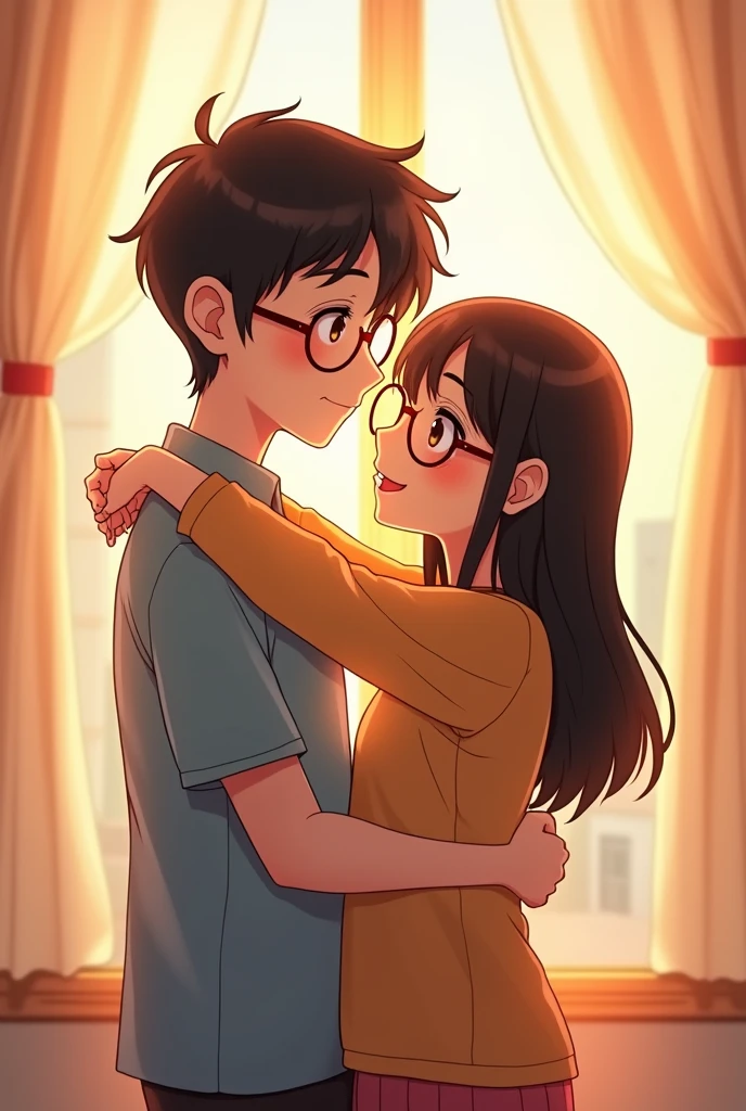 I want a cute anime couple with a man with thick eyebrows and a full mouth wearing round glasses and a girl with bangs also wearing round glasses.Everybody hugging each other