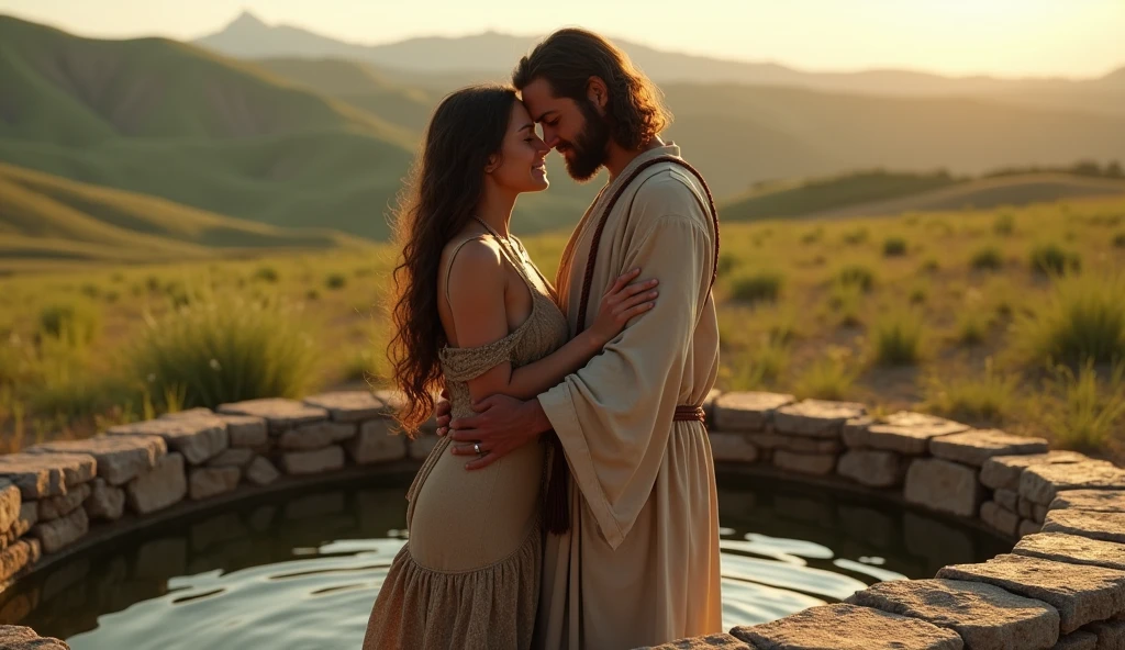 (best quality: 1.4), (Ultra Highres: 1.2), (photorealistic: 1.4), (8k, RAW photo: 1.2). The description of the Samaritan woman's physical appearance is not detailed in the biblical narrative, but her Samaritan origin suggests that she probably had similar characteristics to other people in the region, the story of the Samaritan woman, she is marrying a rustic-looking man, they are happy