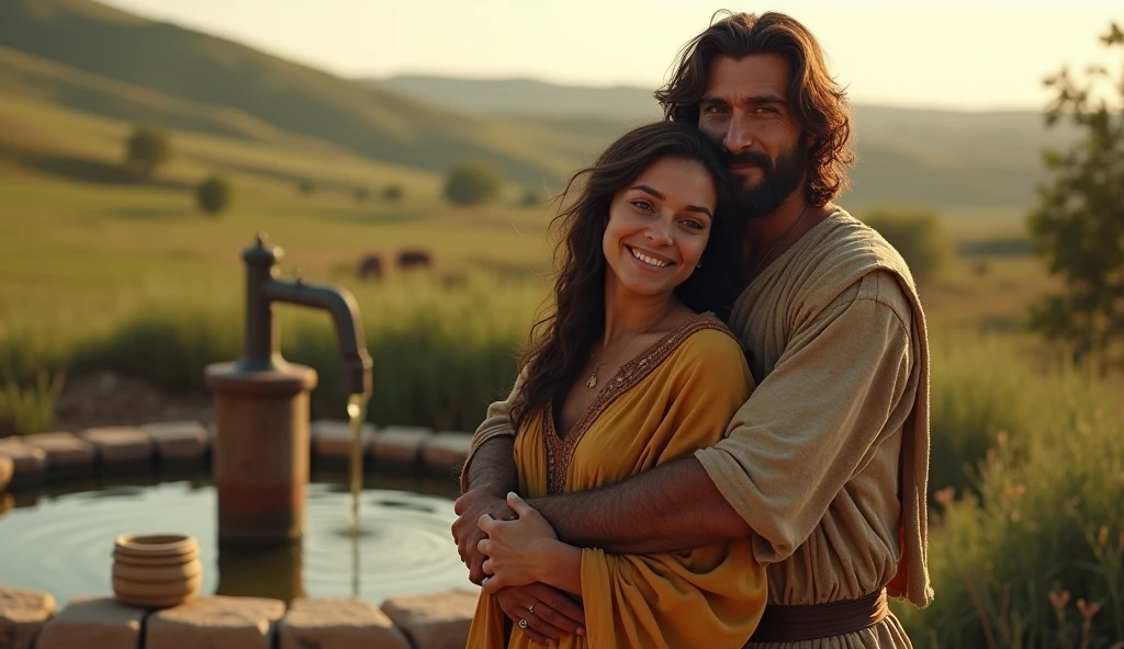 (best quality: 1.4), (Ultra Highres: 1.2), (photorealistic: 1.4), (8k, RAW photo: 1.2). The description of the Samaritan woman's physical appearance is not detailed in the biblical narrative, but her Samaritan origin suggests that she probably had similar characteristics to other people in the region, the story of the Samaritan woman, she is marrying a rustic-looking man, they are happy