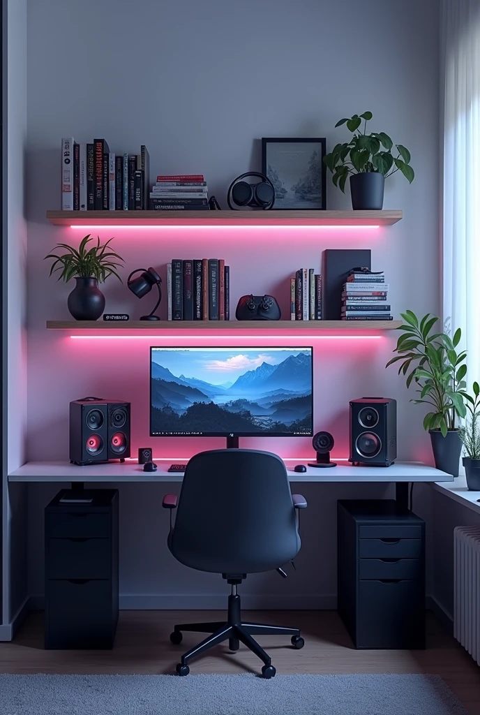 (A realistic 16.9) image of a gaming desk with a dull white wall and LEDs  With a shelf full of books and gaming accessories